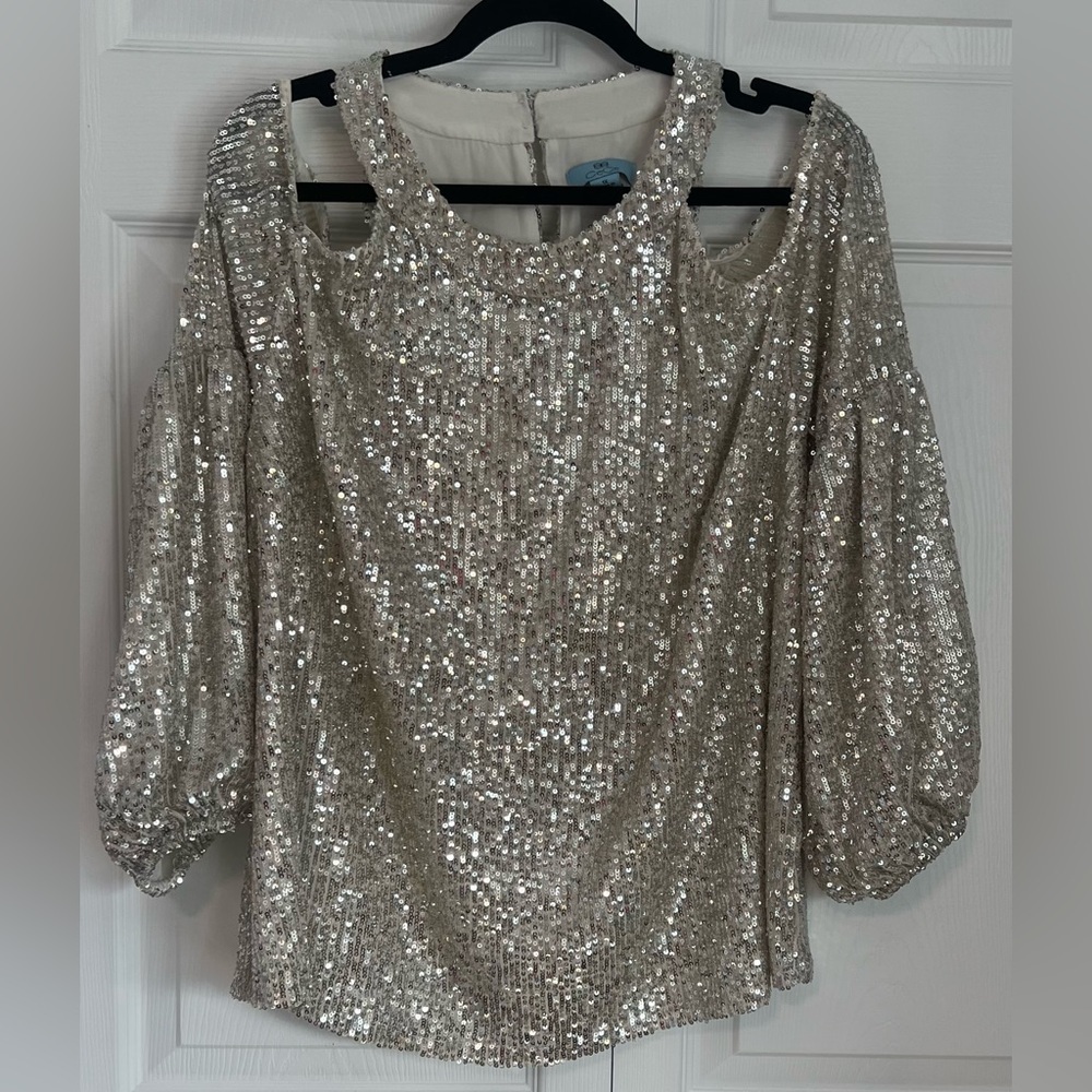 CeCe Silver Sequined Cold Shoulder Blouse Featuring Balloon Sleeves
